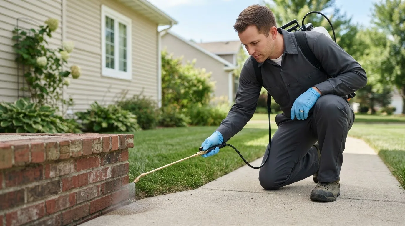 Pest control technician treating a home near Okarche, OK