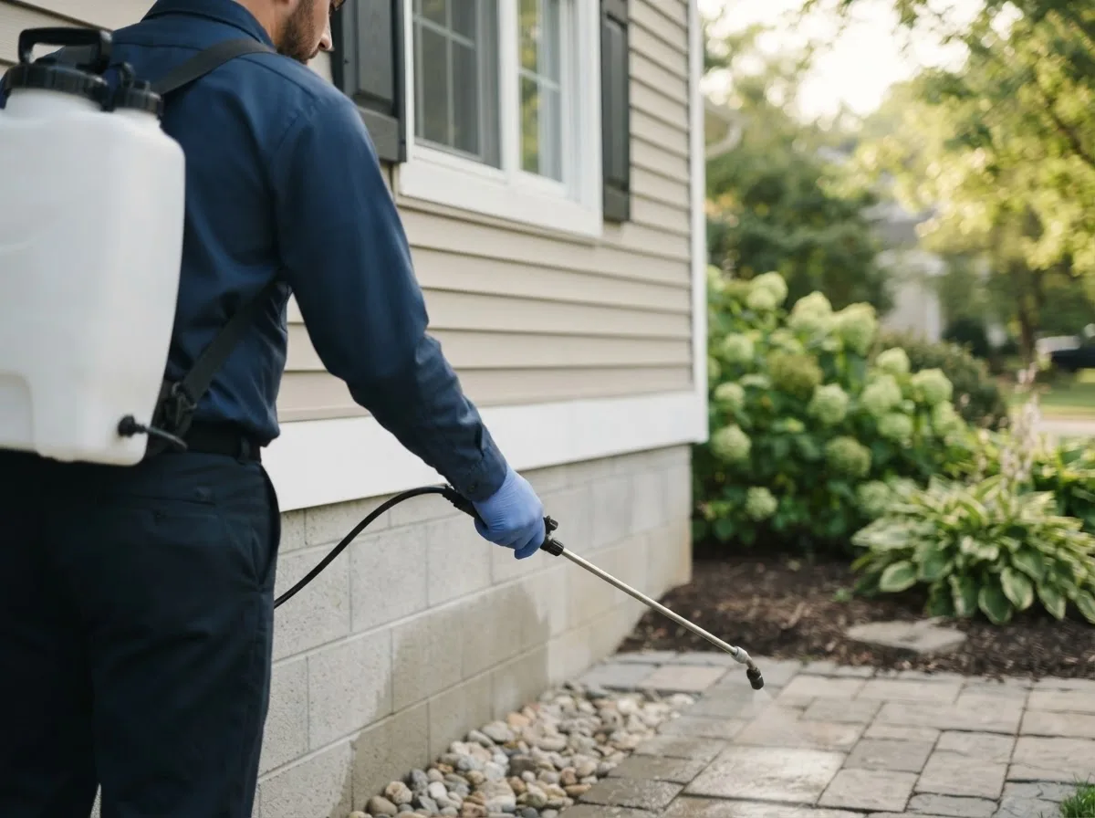 Pest control technician inspecting a home in Okarche, OK